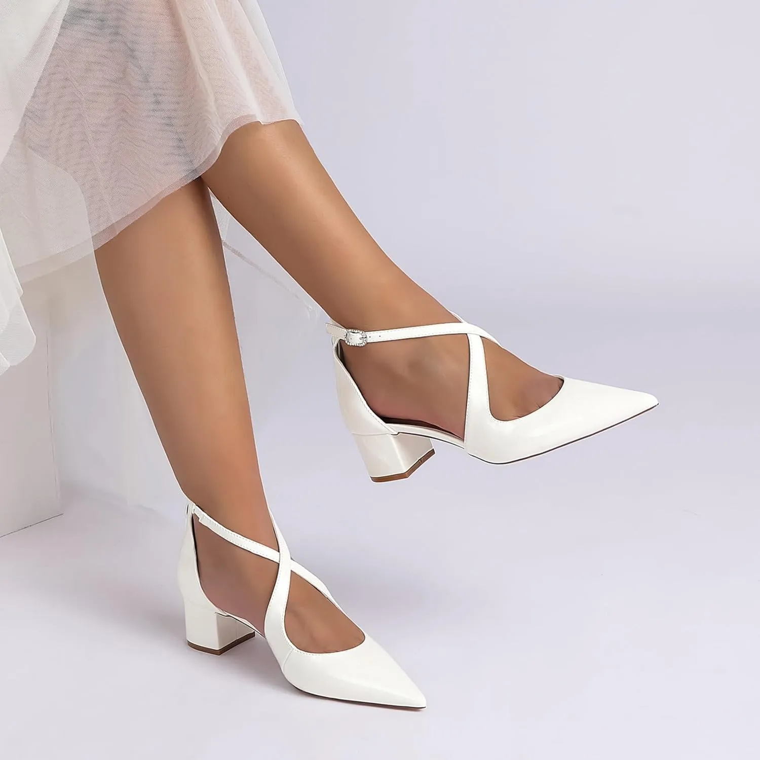Women's Bridal Low Block Heeled Dress Pumps Pointed Toe Cross Strap Wedding Bridal Party Chunky Shoes 4.5 Cm