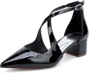 Women's Bridal Low Block Heeled Dress Pumps Pointed Toe Cross Strap Wedding Bridal Party Chunky Shoes 4.5 Cm