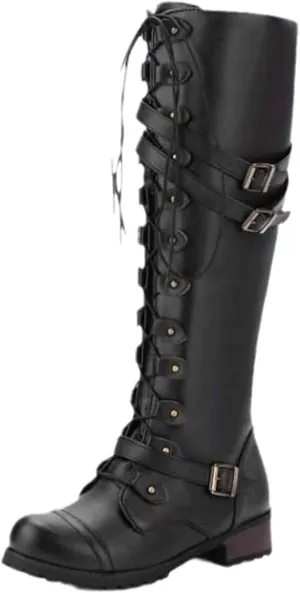 Women's Buckle Chunky Low Flat Heel Knee High Boot Side lace-up Zipper Round Toe Comfortable Casual Leather Dress Riding Combat Boot