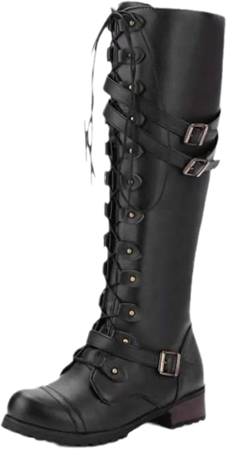 Women's Buckle Chunky Low Flat Heel Knee High Boot Side lace-up Zipper Round Toe Comfortable Casual Leather Dress Riding Combat Boot