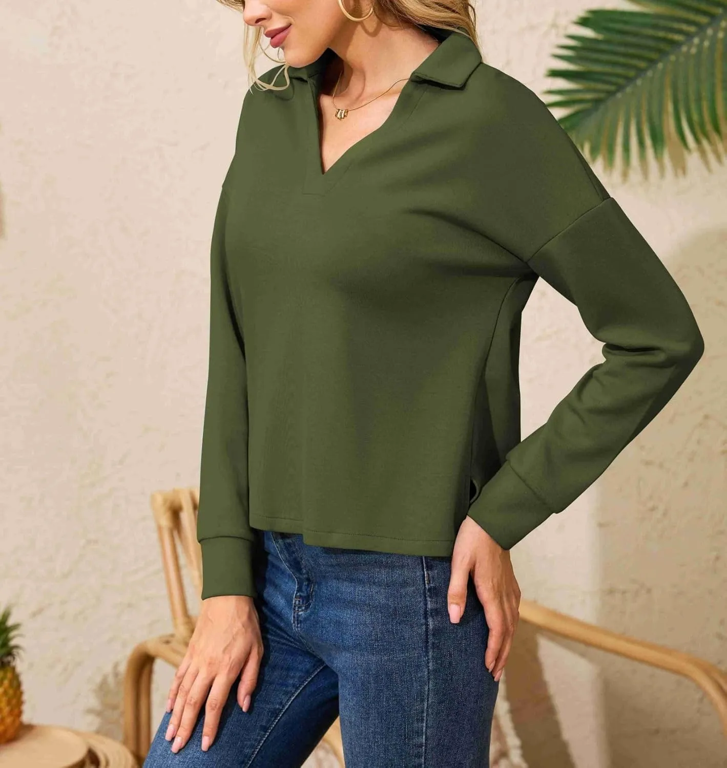 Women's Casual Polo Shirts Long Sleeve V Neck Collared Work Tops Ladies Tunics Tees Business Blouse 2024 Fall