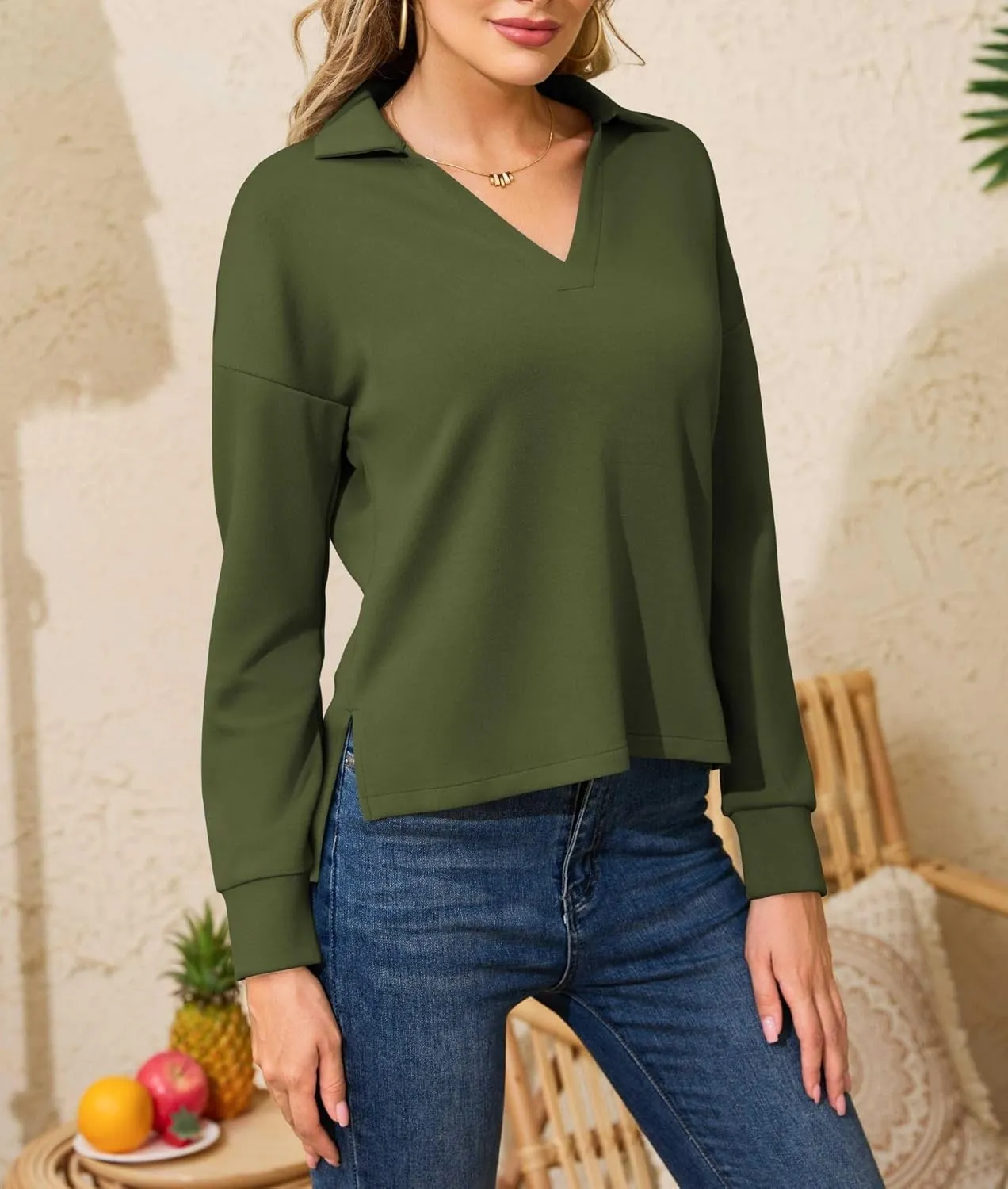Women's Casual Polo Shirts Long Sleeve V Neck Collared Work Tops Ladies Tunics Tees Business Blouse 2024 Fall