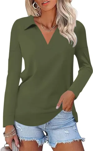 Women's Casual Polo Shirts Long Sleeve V Neck Collared Work Tops Ladies Tunics Tees Business Blouse 2024 Fall