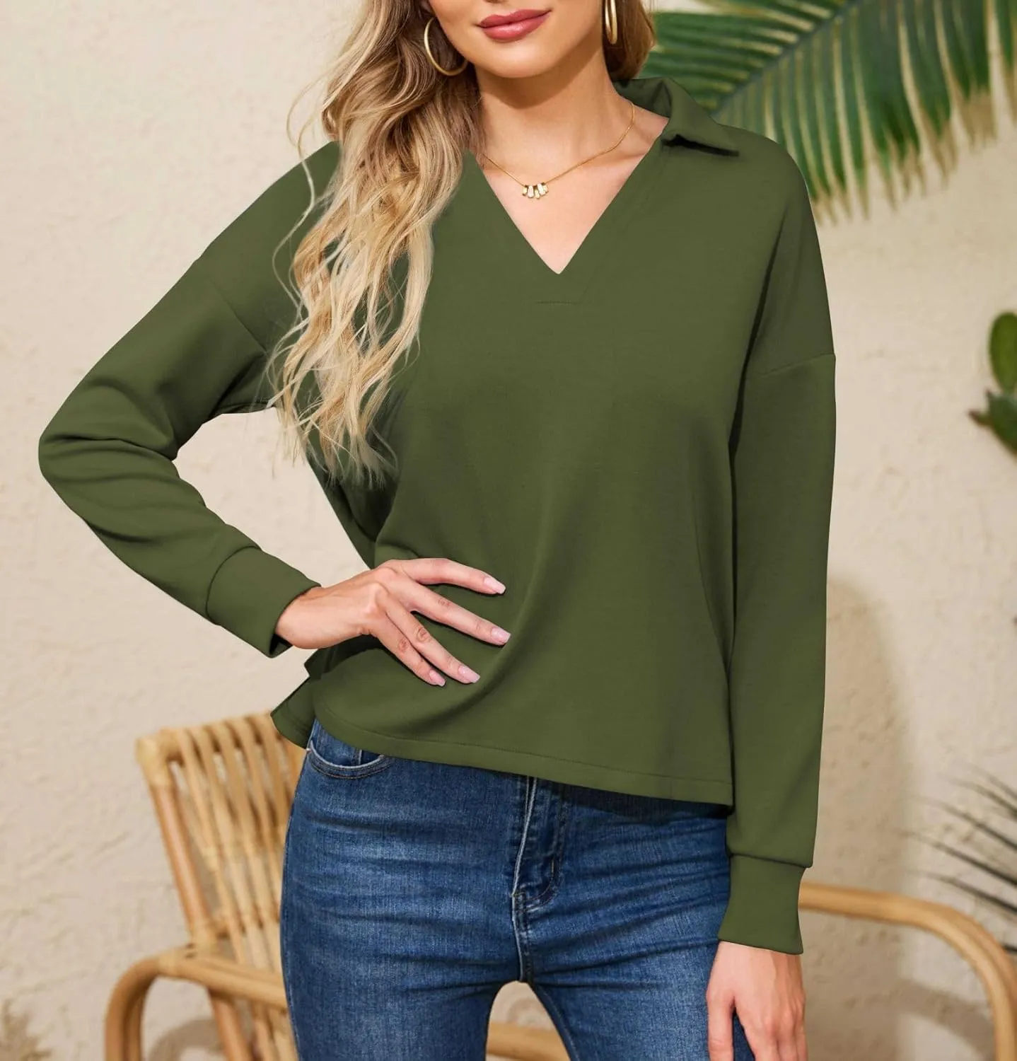 Women's Casual Polo Shirts Long Sleeve V Neck Collared Work Tops Ladies Tunics Tees Business Blouse 2024 Fall