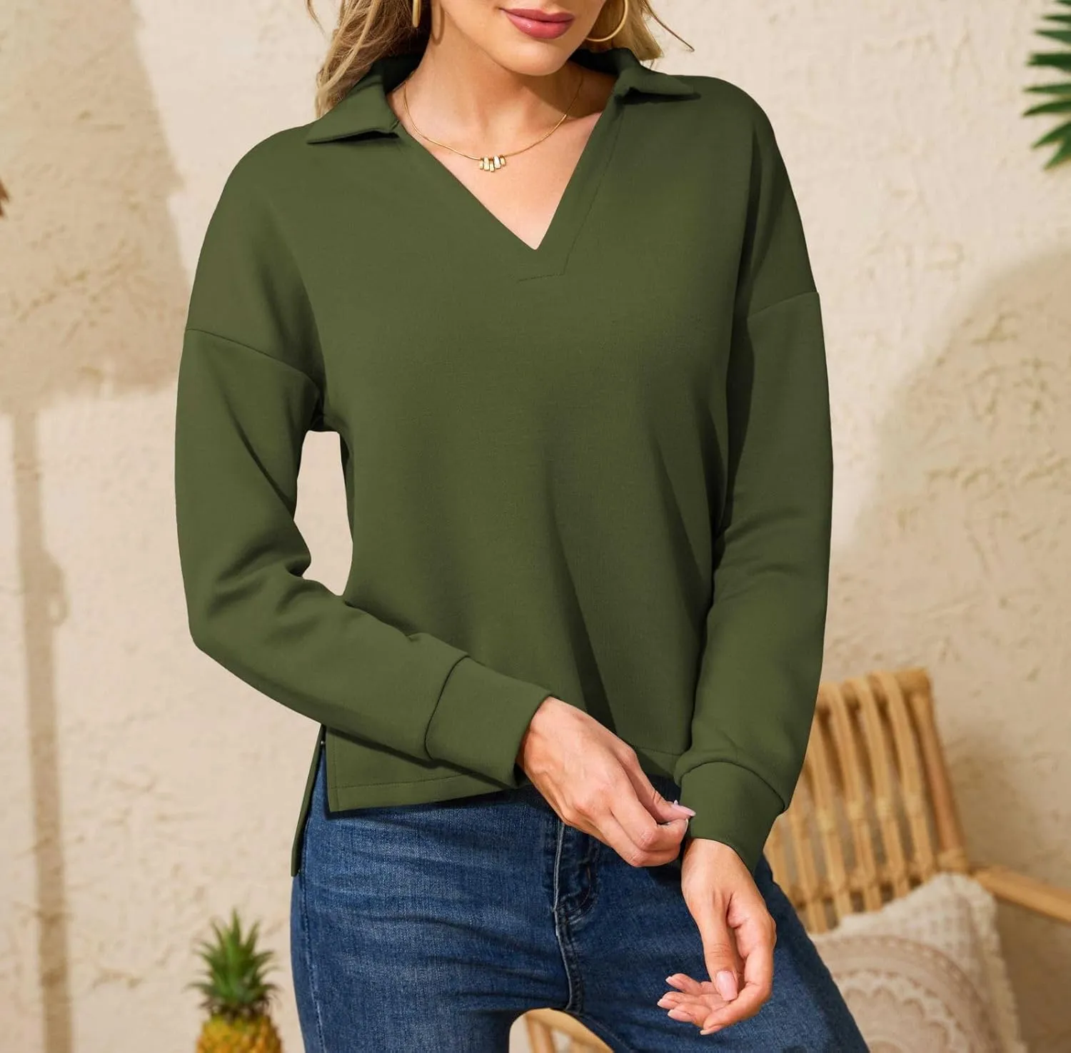 Women's Casual Polo Shirts Long Sleeve V Neck Collared Work Tops Ladies Tunics Tees Business Blouse 2024 Fall