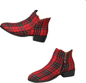 Women's Christmas Plaid Shoes Red Pattern Chunky Heel Boots, Tartan Fashion Back Zipper Ankle Boots, Women's Comfortable Boots