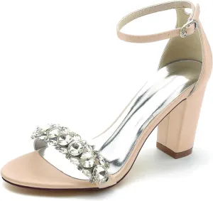 Women's Chunky High Block Heel Wedding Shoes for Bride Rhinestone Ankle Strap Bridal Heels Open Toe Wedding Heeled Sandals