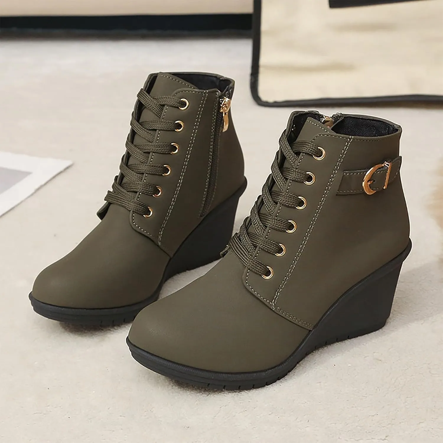 Womens Clasical Ankle Booties Lace-Up Zipper Breathable Lining Flat Ankle Combat Boots Crown Vintage Boots Shoes