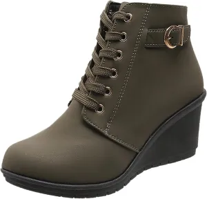 Womens Clasical Ankle Booties Lace-Up Zipper Breathable Lining Flat Ankle Combat Boots Crown Vintage Boots Shoes