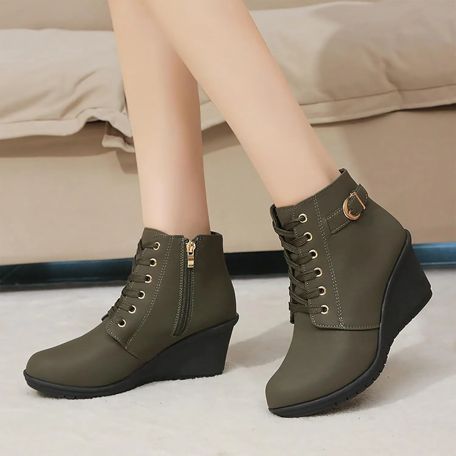 Womens Clasical Ankle Booties Lace-Up Zipper Breathable Lining Flat Ankle Combat Boots Crown Vintage Boots Shoes