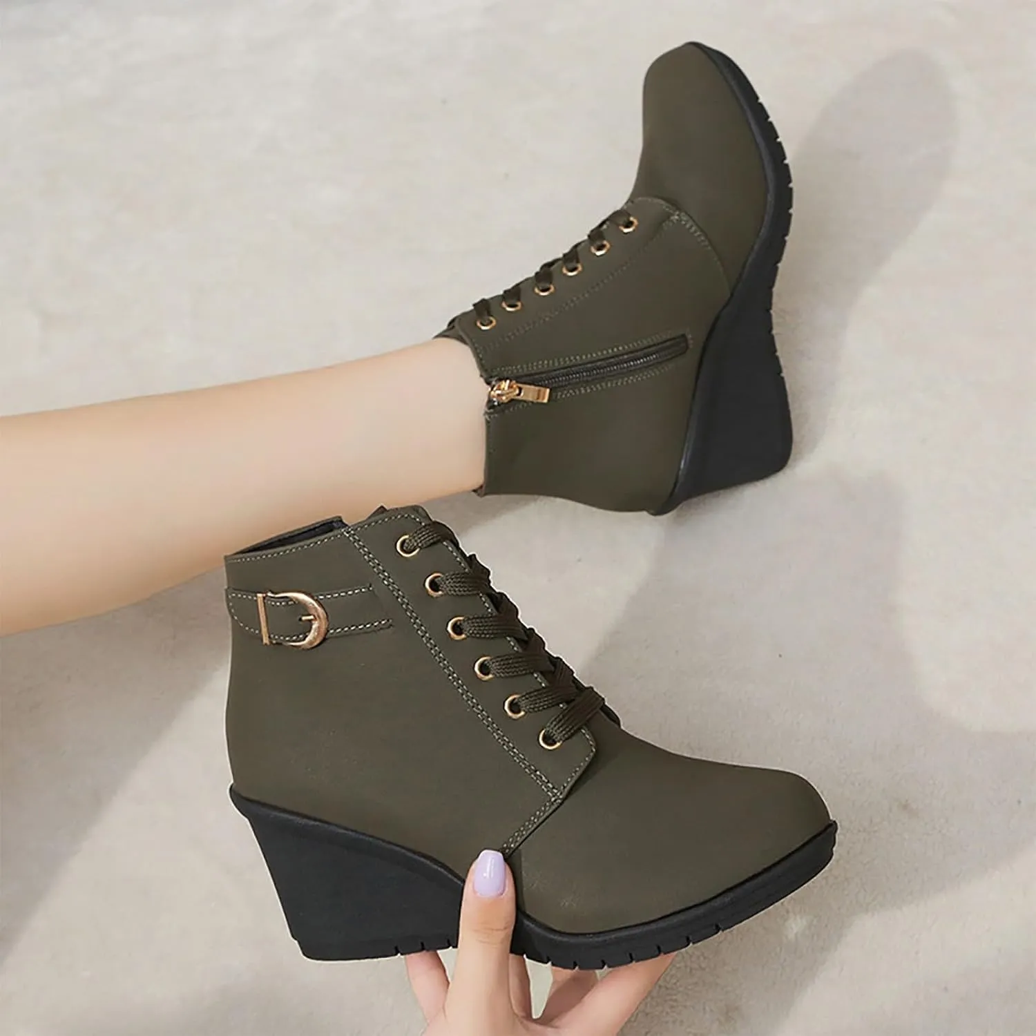 Womens Clasical Ankle Booties Lace-Up Zipper Breathable Lining Flat Ankle Combat Boots Crown Vintage Boots Shoes