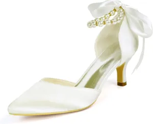 Women's Closed Toe Champagne Pearl Heels with Bow Wedding Shoes for Bride Low Heels Bridal Shoes Satin Heels Pumps