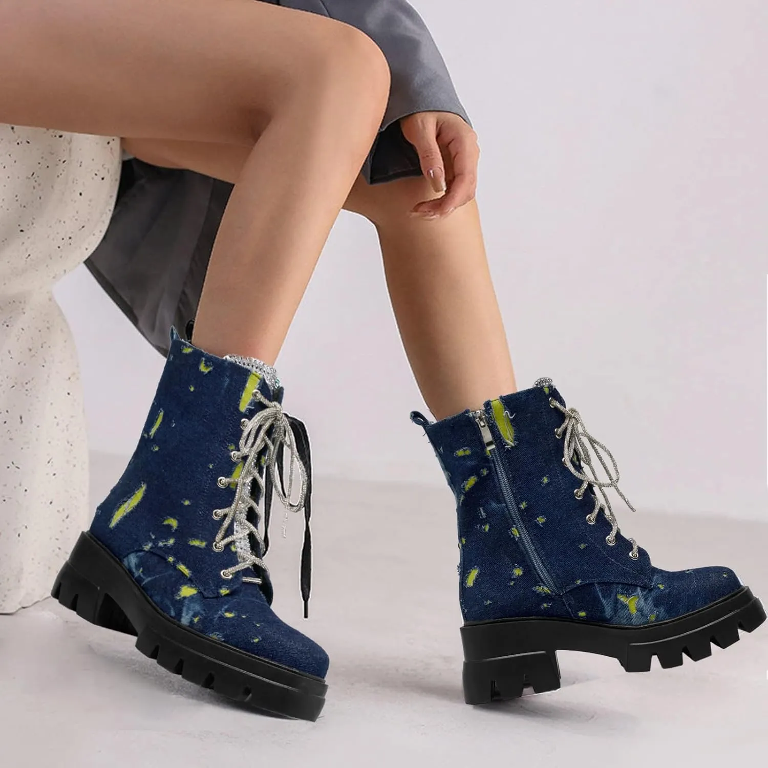 Women's Combat Boot Zebra Platform Ankle Adjustable Lace-Up Vamp Inside Zipper Fashion Party Boots