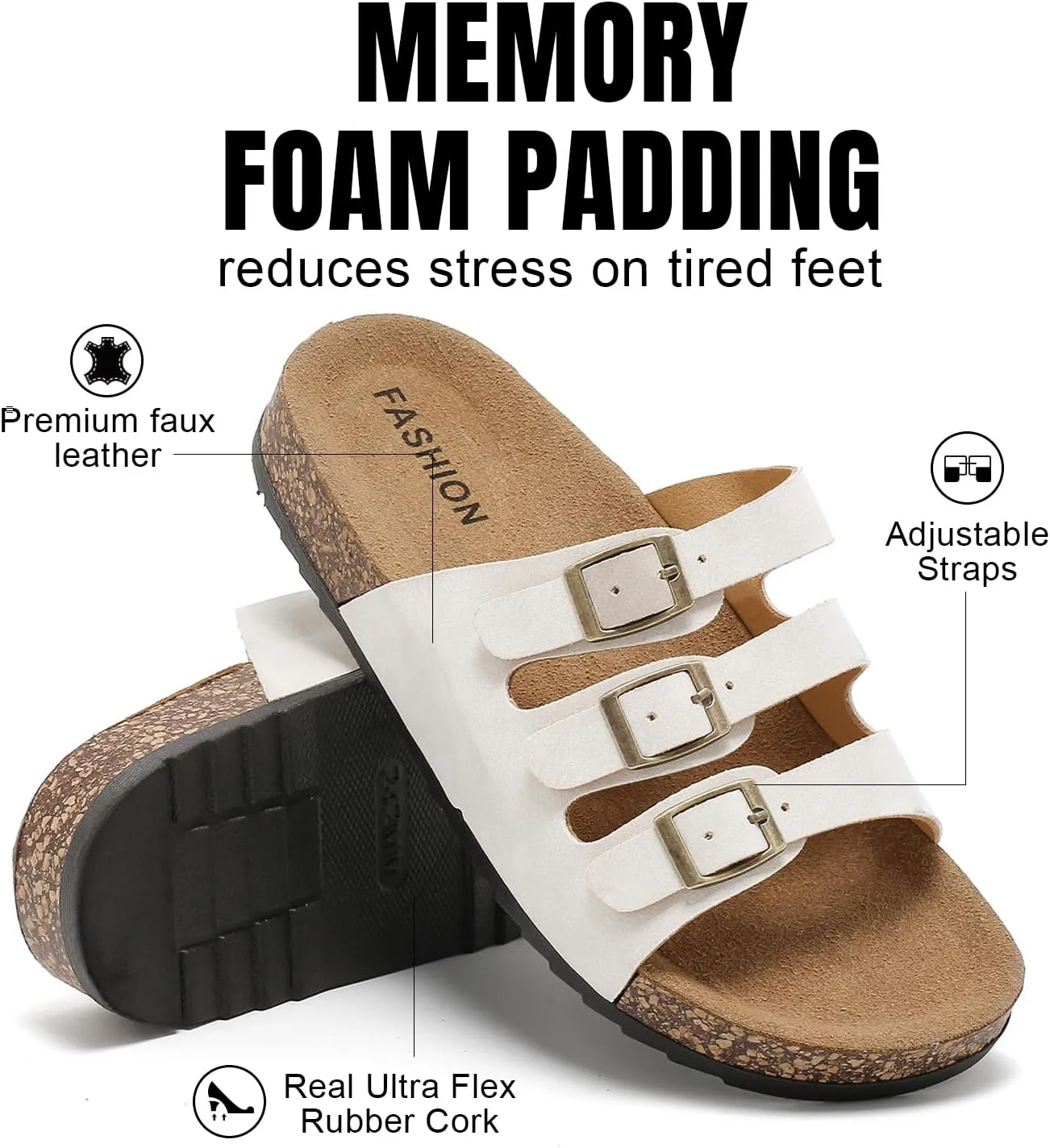 Women's Cork Footbed Sandals, Mens Open Toe Slides with Adjustable Buckle Comfort Slip On Slippers for Summer