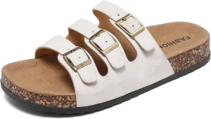 Women's Cork Footbed Sandals, Mens Open Toe Slides with Adjustable Buckle Comfort Slip On Slippers for Summer