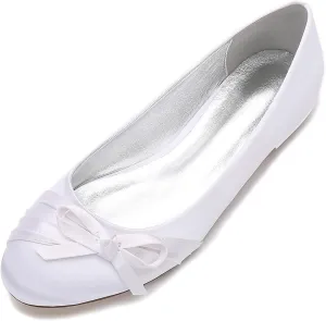 Womens Flat Bridal Slip on Shoes Closed Toe Bow Satin Bridal Bridesmaid Wedding Ballerina Pumps Shoes Sandals