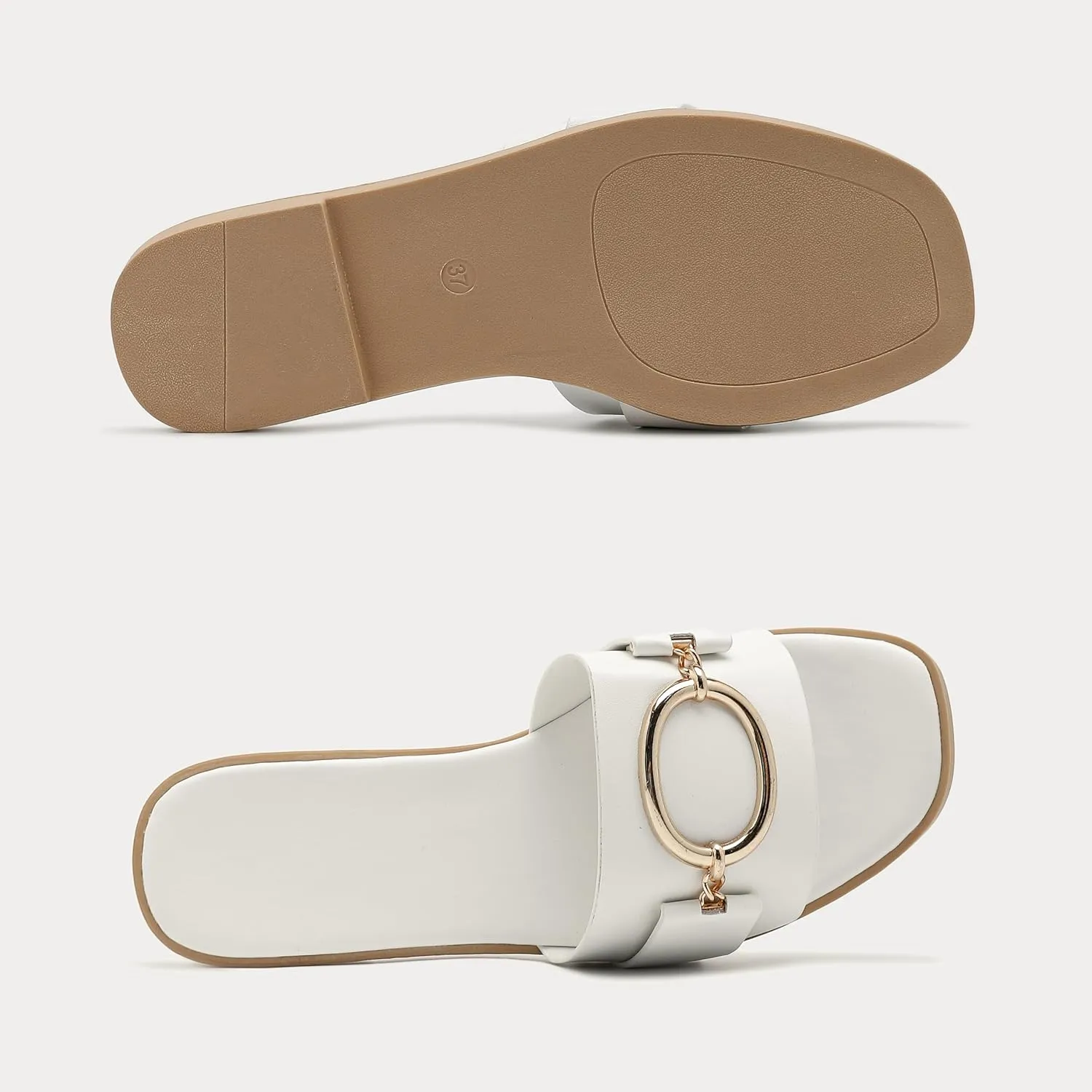Women's Flat Sandals Fashion Square Open Toe Slides With Metal Chain Slippers Dressy for Summer Size 6-12