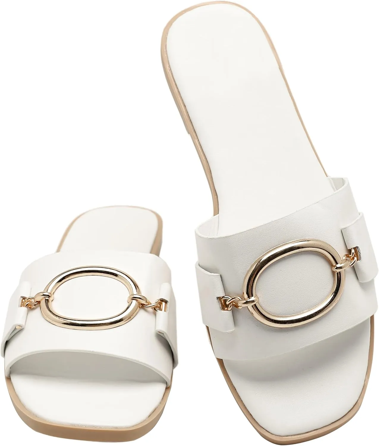 Women's Flat Sandals Fashion Square Open Toe Slides With Metal Chain Slippers Dressy for Summer Size 6-12