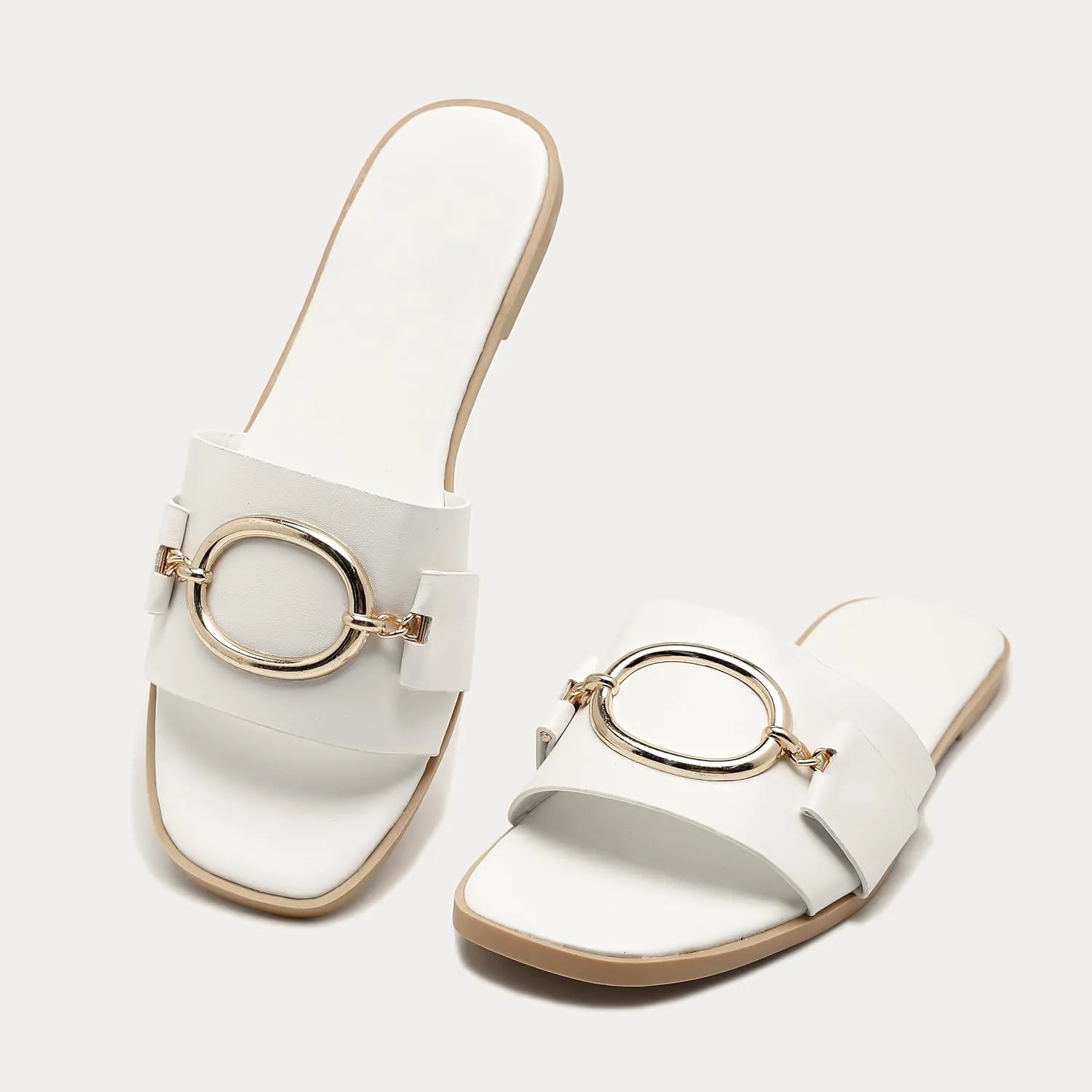 Women's Flat Sandals Fashion Square Open Toe Slides With Metal Chain Slippers Dressy for Summer Size 6-12