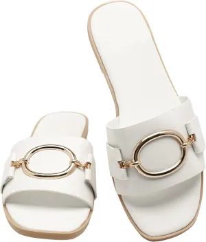 Women's Flat Sandals Fashion Square Open Toe Slides With Metal Chain Slippers Dressy for Summer Size 6-12