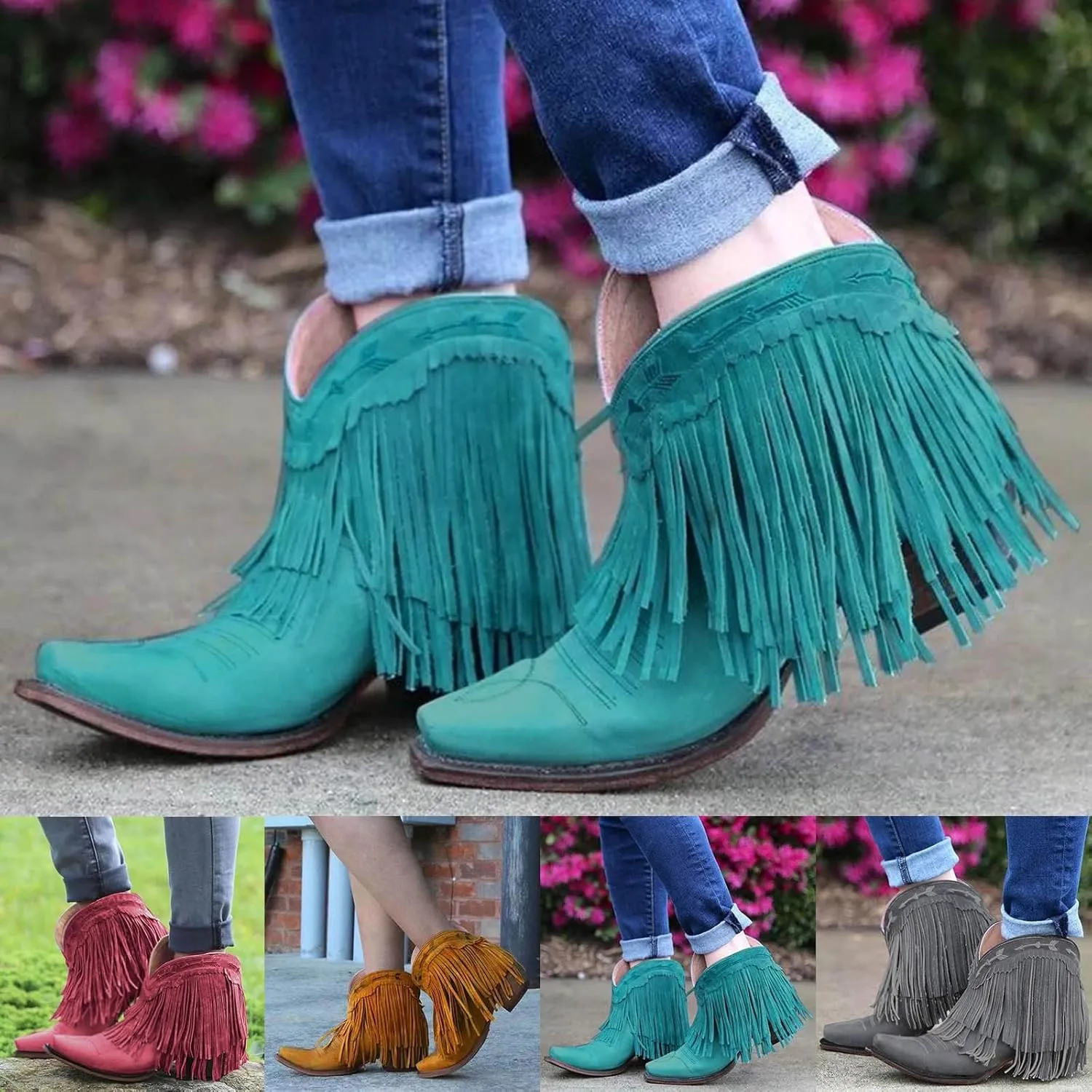 Women's Fringe Western Boot - Ankle Boots for Women Chunky Low Heel Almond Toe Slip on Western Booties Fashion Vintage Tassel Boots Slip On Chelsea Pump Ankle Booties Walking Short Boots