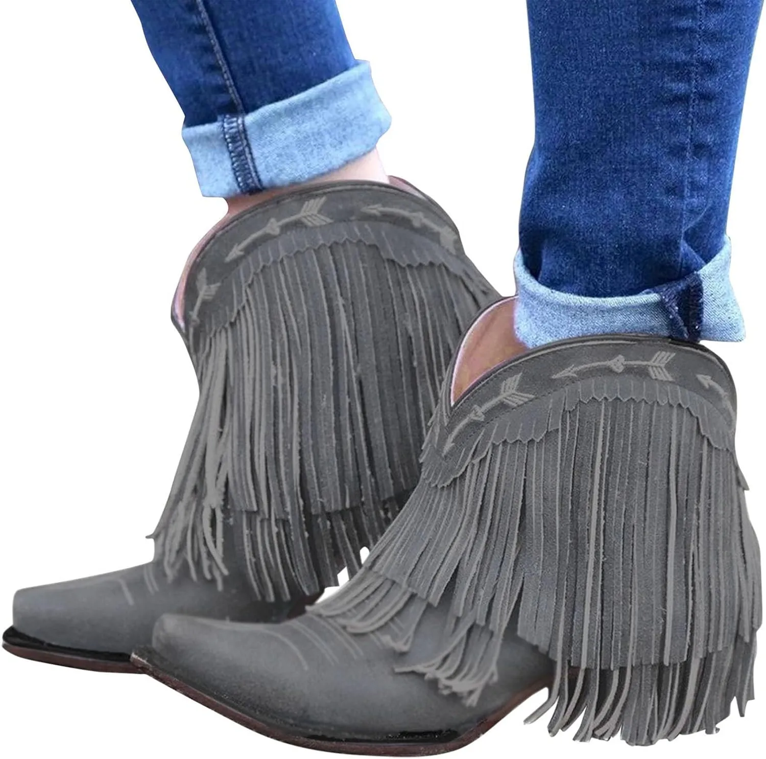 Women's Fringe Western Boot - Ankle Boots for Women Chunky Low Heel Almond Toe Slip on Western Booties Fashion Vintage Tassel Boots Slip On Chelsea Pump Ankle Booties Walking Short Boots