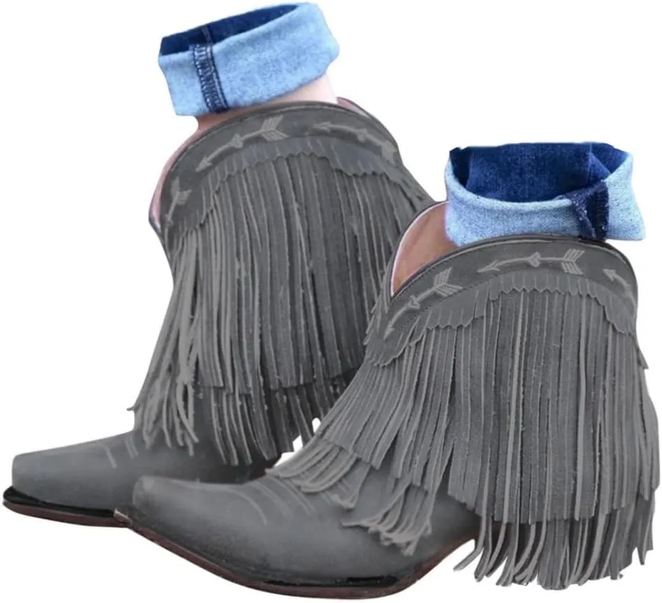 Women's Fringe Western Boot - Ankle Boots for Women Chunky Low Heel Almond Toe Slip on Western Booties Fashion Vintage Tassel Boots Slip On Chelsea Pump Ankle Booties Walking Short Boots
