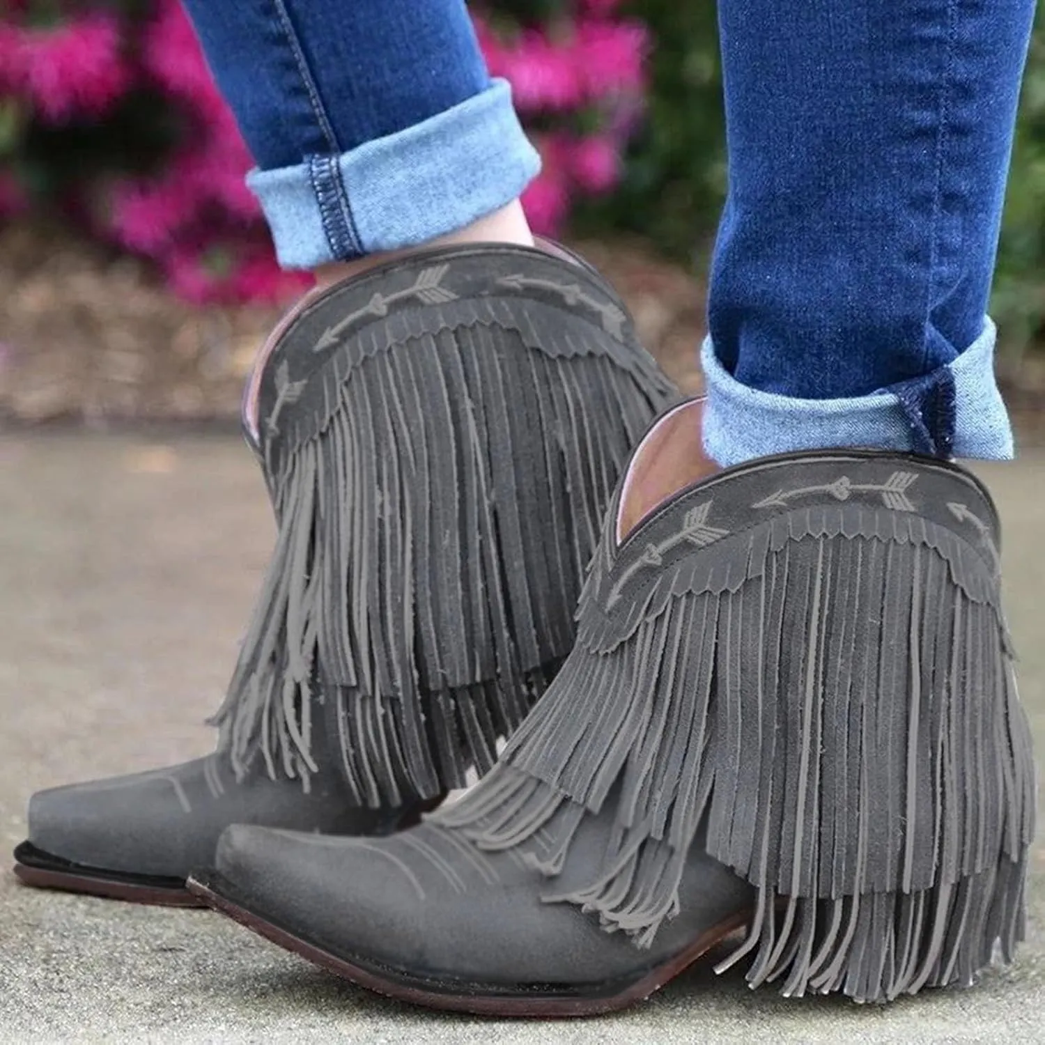 Women's Fringe Western Boot - Ankle Boots for Women Chunky Low Heel Almond Toe Slip on Western Booties Fashion Vintage Tassel Boots Slip On Chelsea Pump Ankle Booties Walking Short Boots