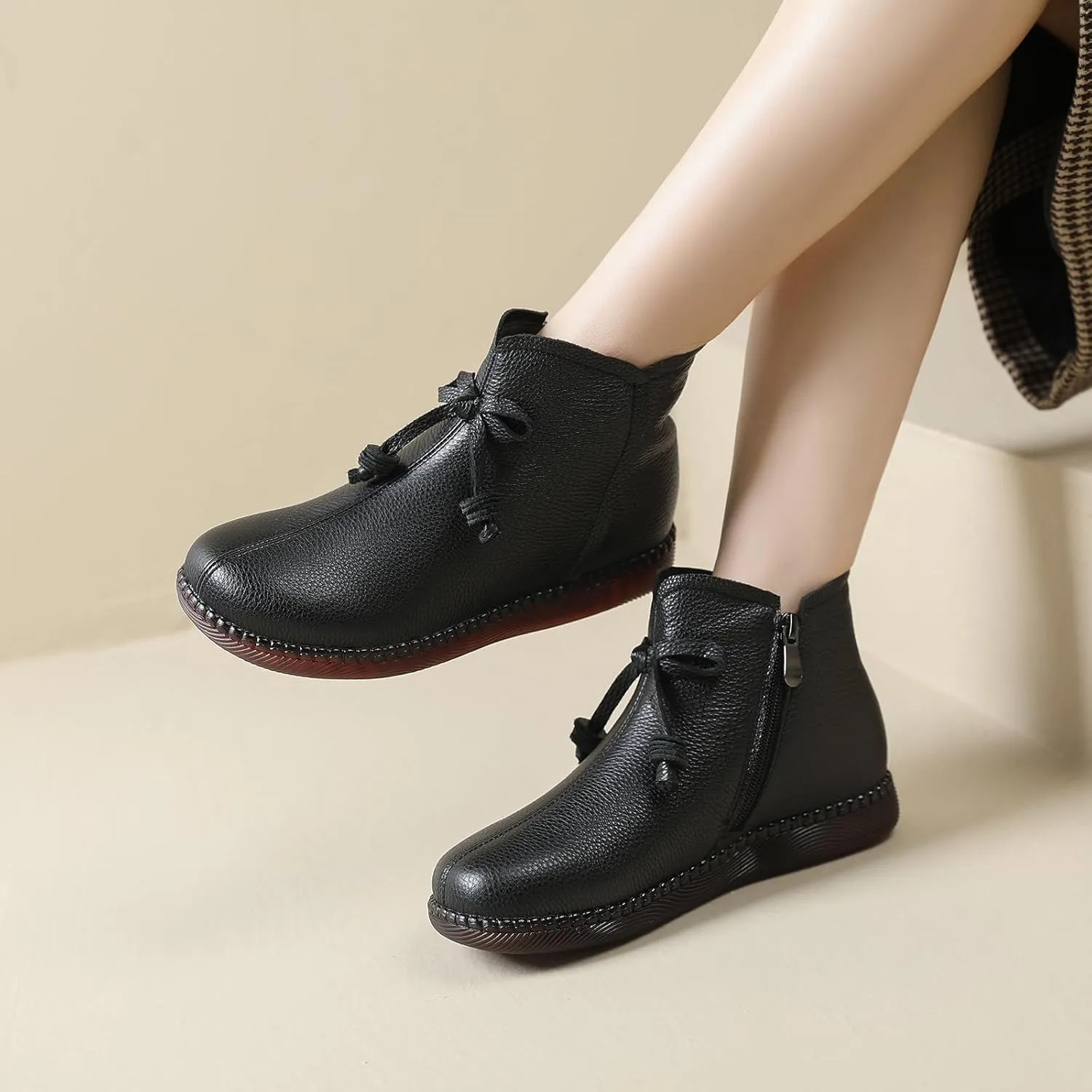 Women's Genuine Leather Bow-Knot Flat Ankle Boots Retro Velvet Lining Round Toe Side Zipper Beef Tendon Sole High Top Casual Shoes Comfortable Warm Walking Booties