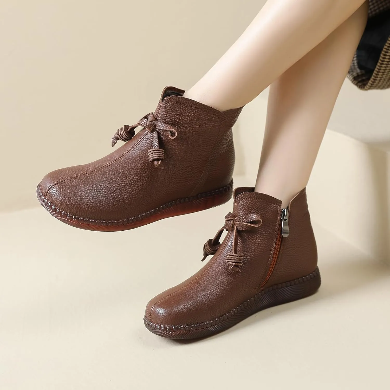 Women's Genuine Leather Bow-Knot Flat Ankle Boots Retro Velvet Lining Round Toe Side Zipper Beef Tendon Sole High Top Casual Shoes Comfortable Warm Walking Booties