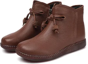 Women's Genuine Leather Bow-Knot Flat Ankle Boots Retro Velvet Lining Round Toe Side Zipper Beef Tendon Sole High Top Casual Shoes Comfortable Warm Walking Booties