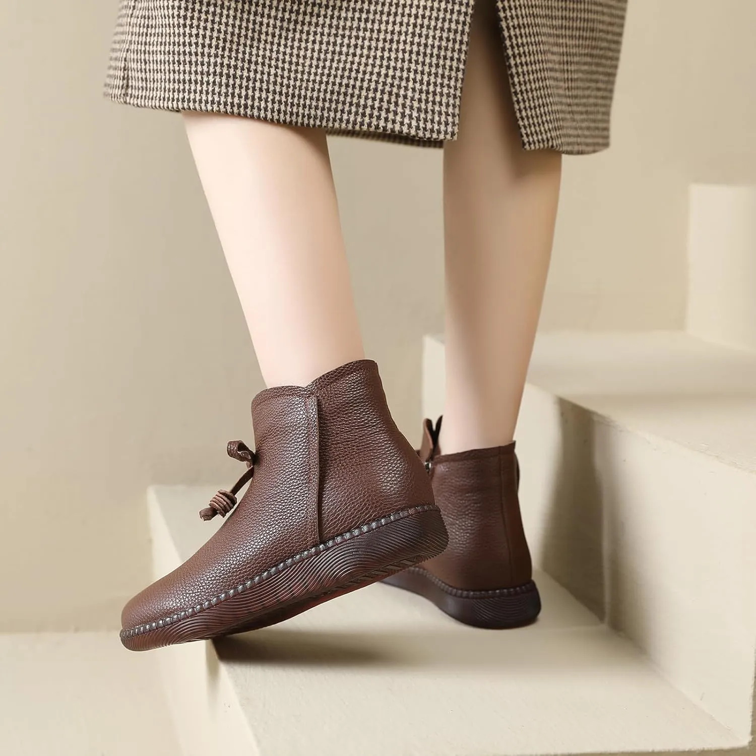 Women's Genuine Leather Bow-Knot Flat Ankle Boots Retro Velvet Lining Round Toe Side Zipper Beef Tendon Sole High Top Casual Shoes Comfortable Warm Walking Booties