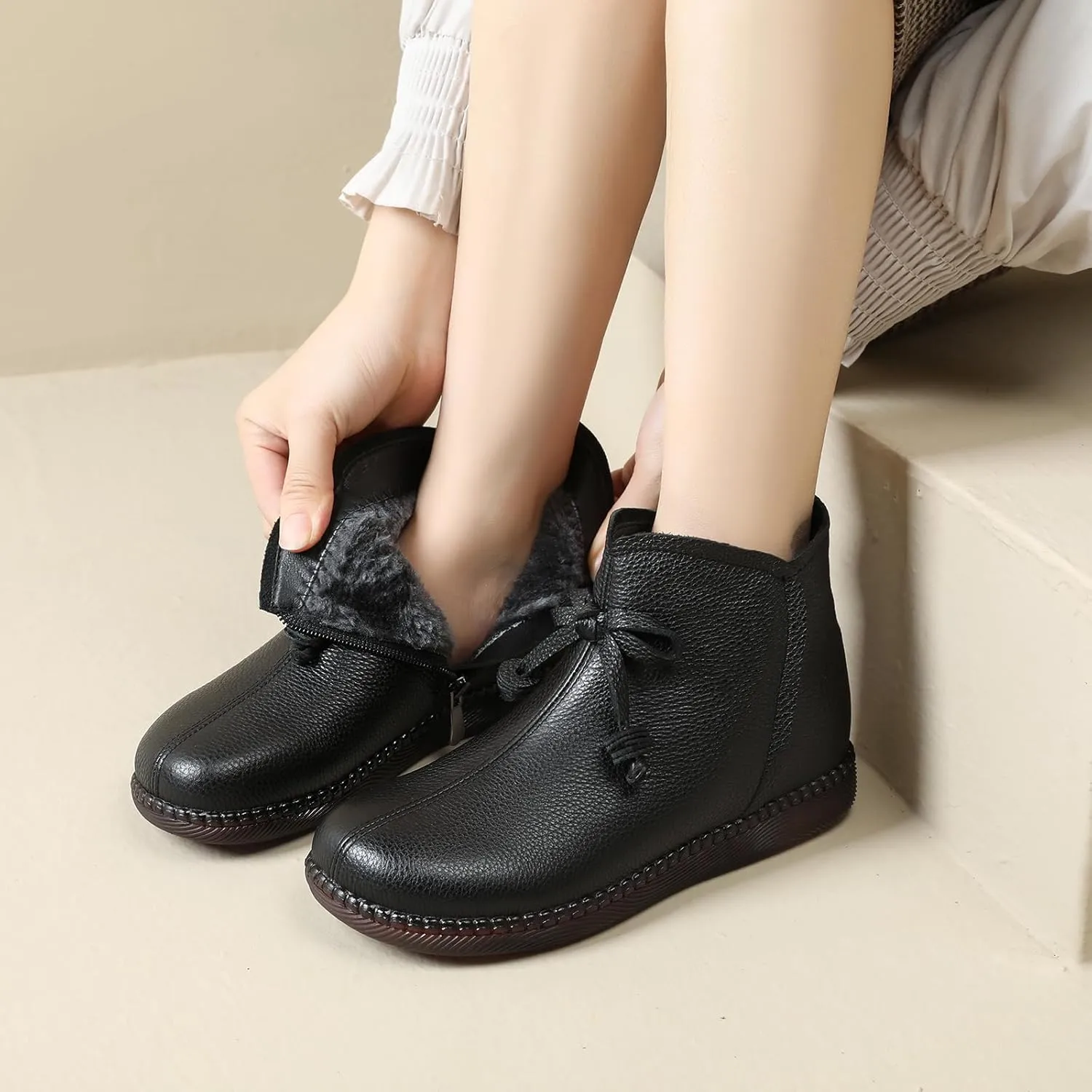 Women's Genuine Leather Bow-Knot Flat Ankle Boots Retro Velvet Lining Round Toe Side Zipper Beef Tendon Sole High Top Casual Shoes Comfortable Warm Walking Booties