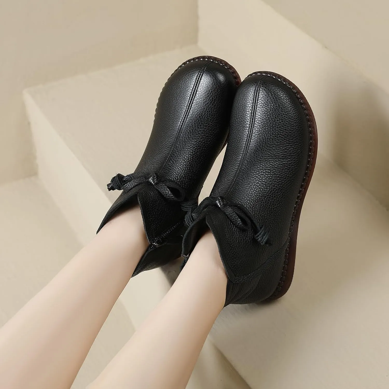 Women's Genuine Leather Bow-Knot Flat Ankle Boots Retro Velvet Lining Round Toe Side Zipper Beef Tendon Sole High Top Casual Shoes Comfortable Warm Walking Booties