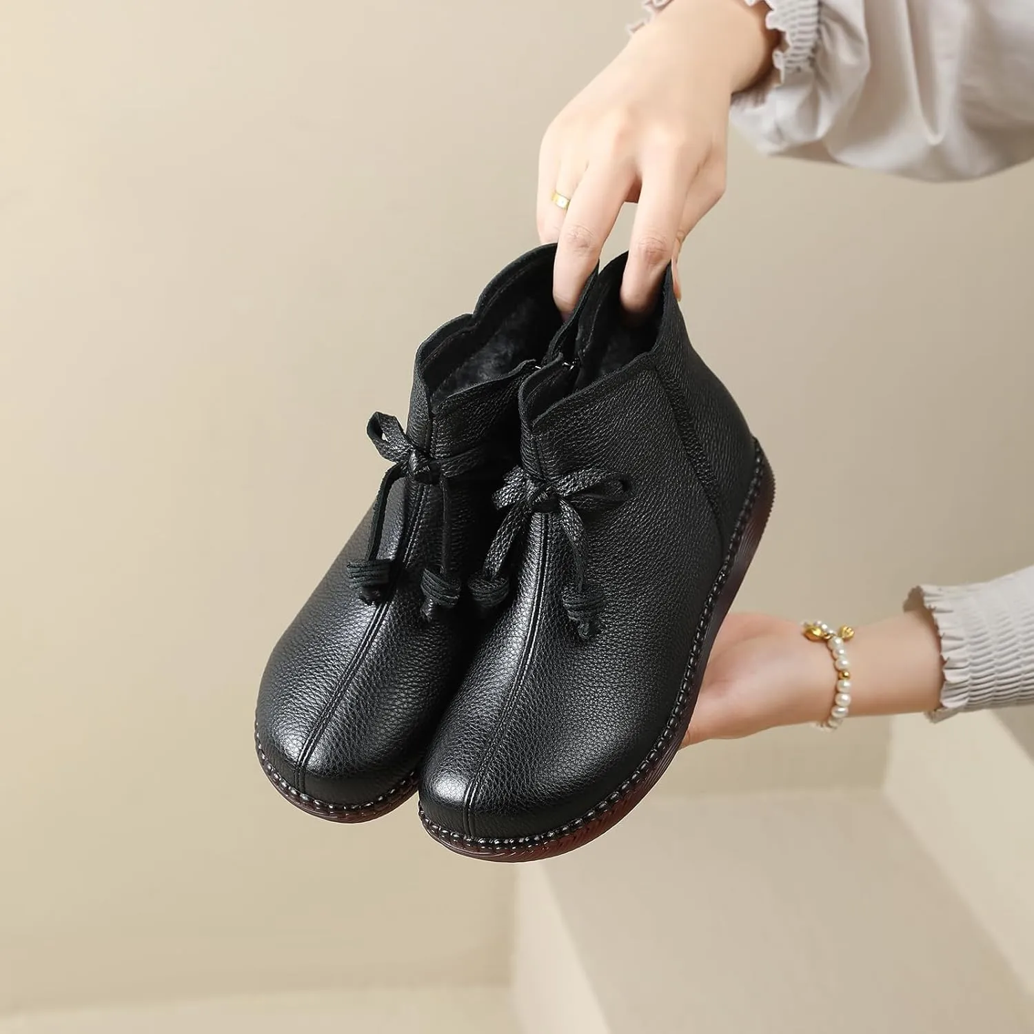 Women's Genuine Leather Bow-Knot Flat Ankle Boots Retro Velvet Lining Round Toe Side Zipper Beef Tendon Sole High Top Casual Shoes Comfortable Warm Walking Booties