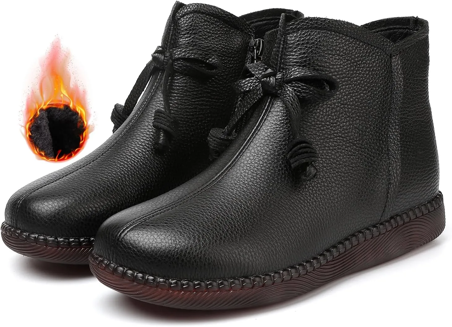 Women's Genuine Leather Bow-Knot Flat Ankle Boots Retro Velvet Lining Round Toe Side Zipper Beef Tendon Sole High Top Casual Shoes Comfortable Warm Walking Booties