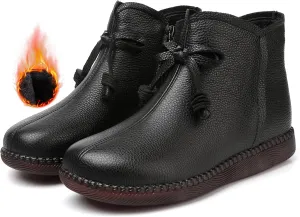 Women's Genuine Leather Bow-Knot Flat Ankle Boots Retro Velvet Lining Round Toe Side Zipper Beef Tendon Sole High Top Casual Shoes Comfortable Warm Walking Booties