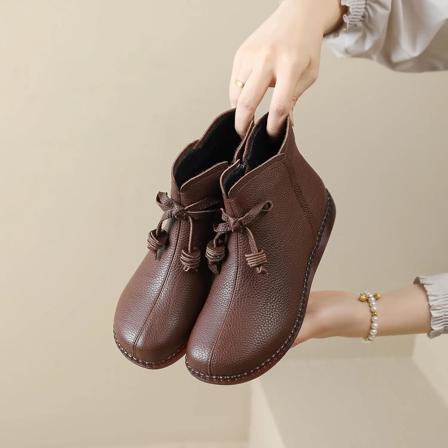 Women's Genuine Leather Bow-Knot Flat Ankle Boots Retro Velvet Lining Round Toe Side Zipper Beef Tendon Sole High Top Casual Shoes Comfortable Warm Walking Booties