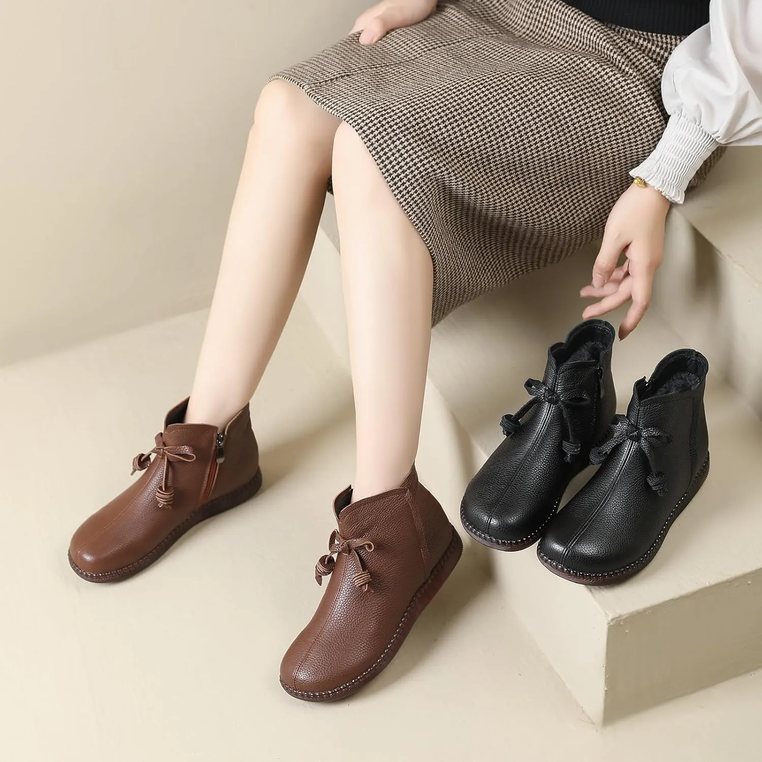 Women's Genuine Leather Bow-Knot Flat Ankle Boots Retro Velvet Lining Round Toe Side Zipper Beef Tendon Sole High Top Casual Shoes Comfortable Warm Walking Booties