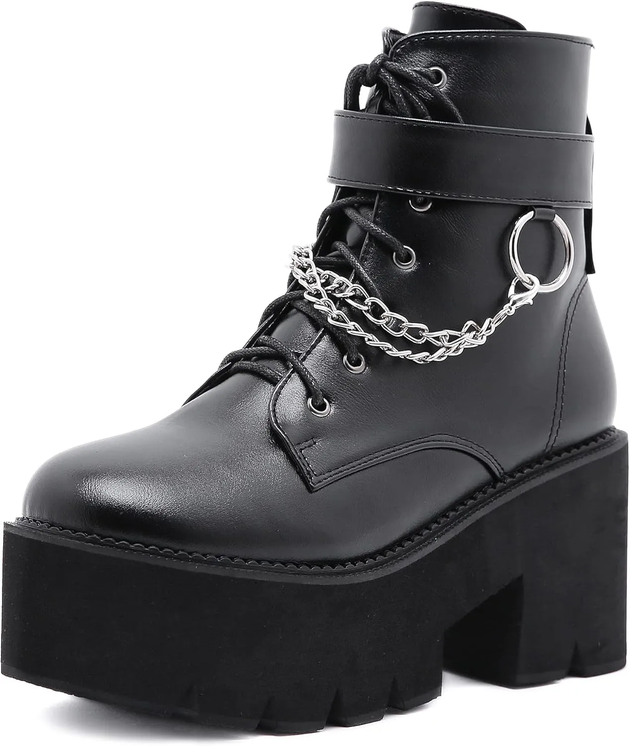 Women's Goth Black Chunky High Heel Lace Up Emo Platform Combat Ankle Boots