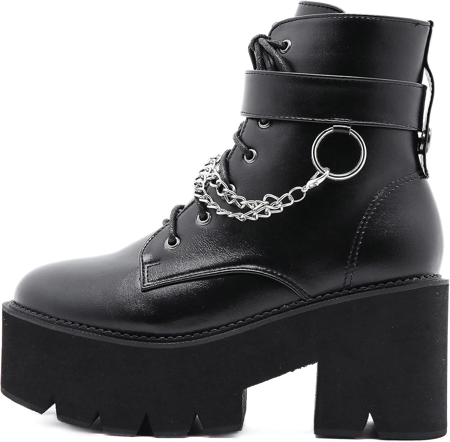 Women's Goth Black Chunky High Heel Lace Up Emo Platform Combat Ankle Boots
