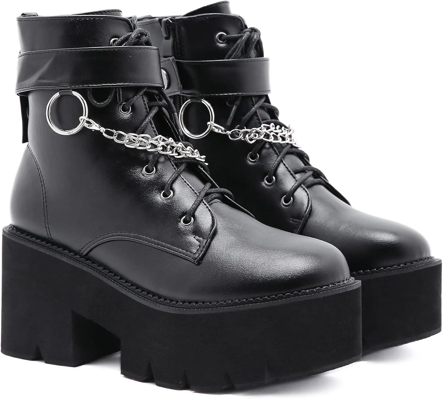 Women's Goth Black Chunky High Heel Lace Up Emo Platform Combat Ankle Boots