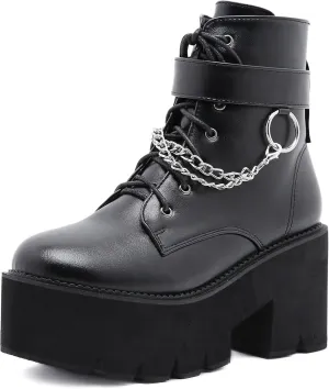 Women's Goth Black Chunky High Heel Lace Up Emo Platform Combat Ankle Boots