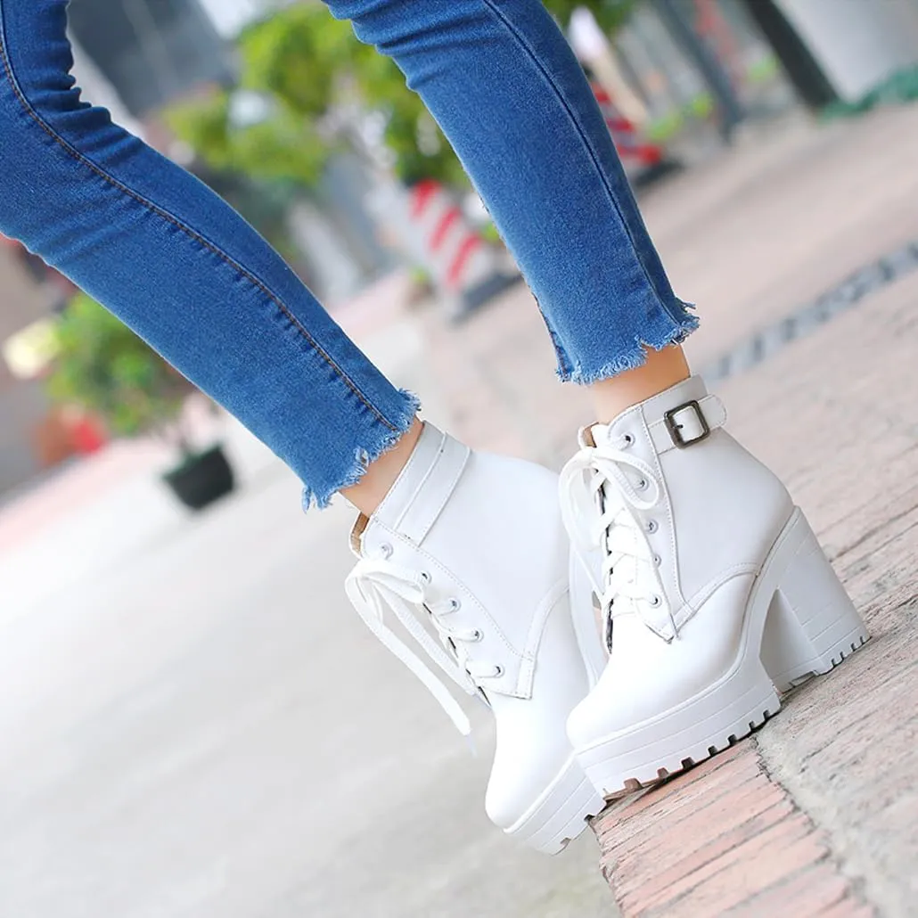 Women's Goth Platform Chunky Block High Heel Ankle Boots Lace Up Round Toe Buckle Punk Combat Motorcycle Boots