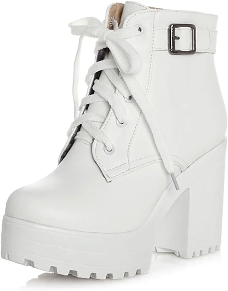 Women's Goth Platform Chunky Block High Heel Ankle Boots Lace Up Round Toe Buckle Punk Combat Motorcycle Boots