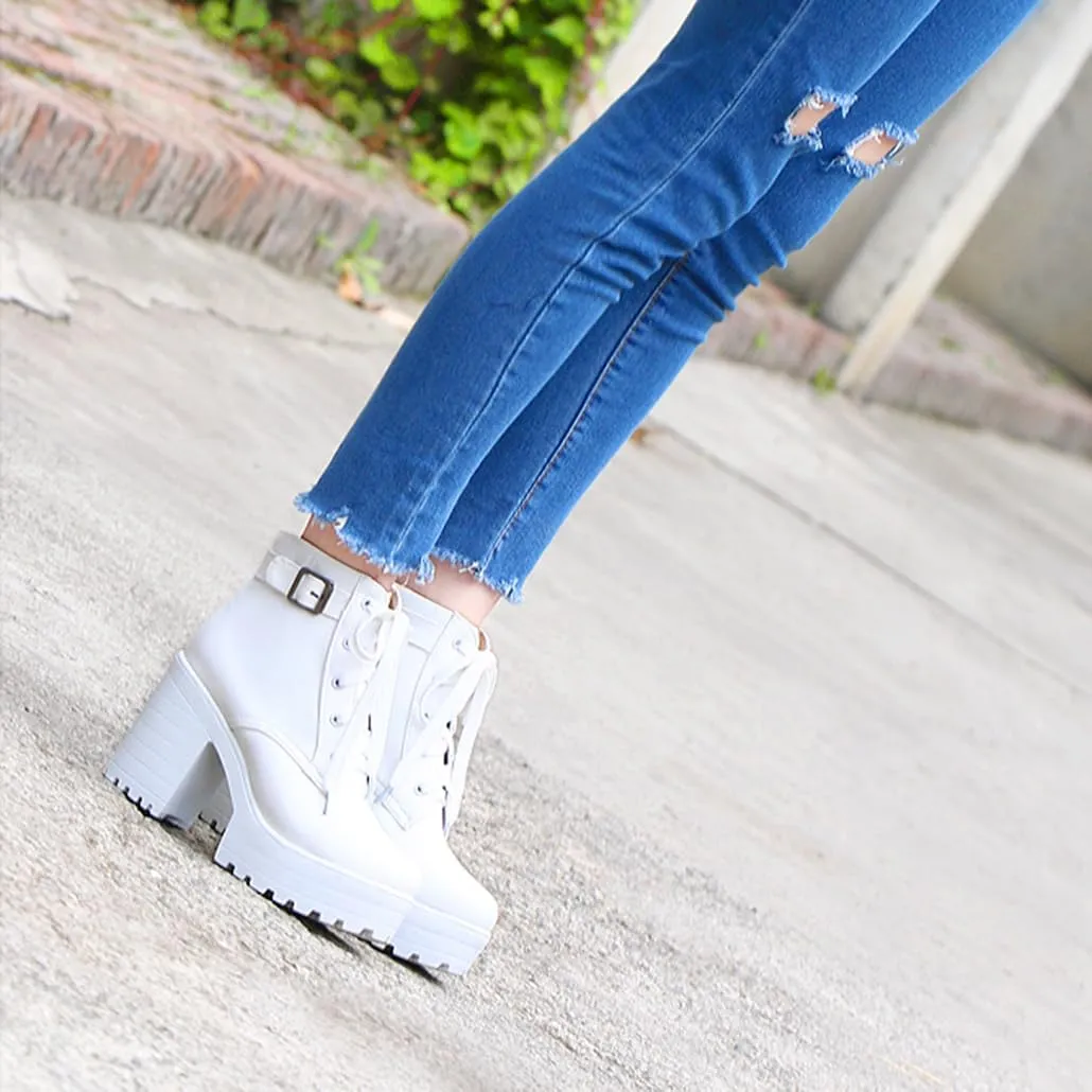 Women's Goth Platform Chunky Block High Heel Ankle Boots Lace Up Round Toe Buckle Punk Combat Motorcycle Boots