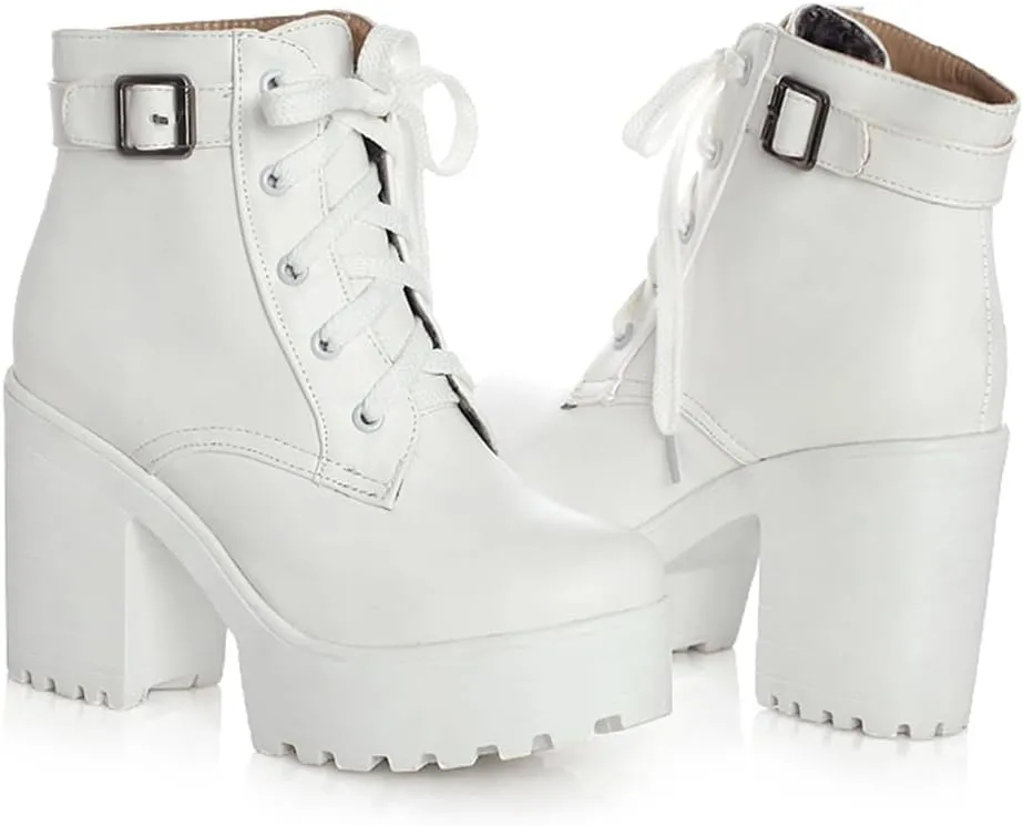 Women's Goth Platform Chunky Block High Heel Ankle Boots Lace Up Round Toe Buckle Punk Combat Motorcycle Boots