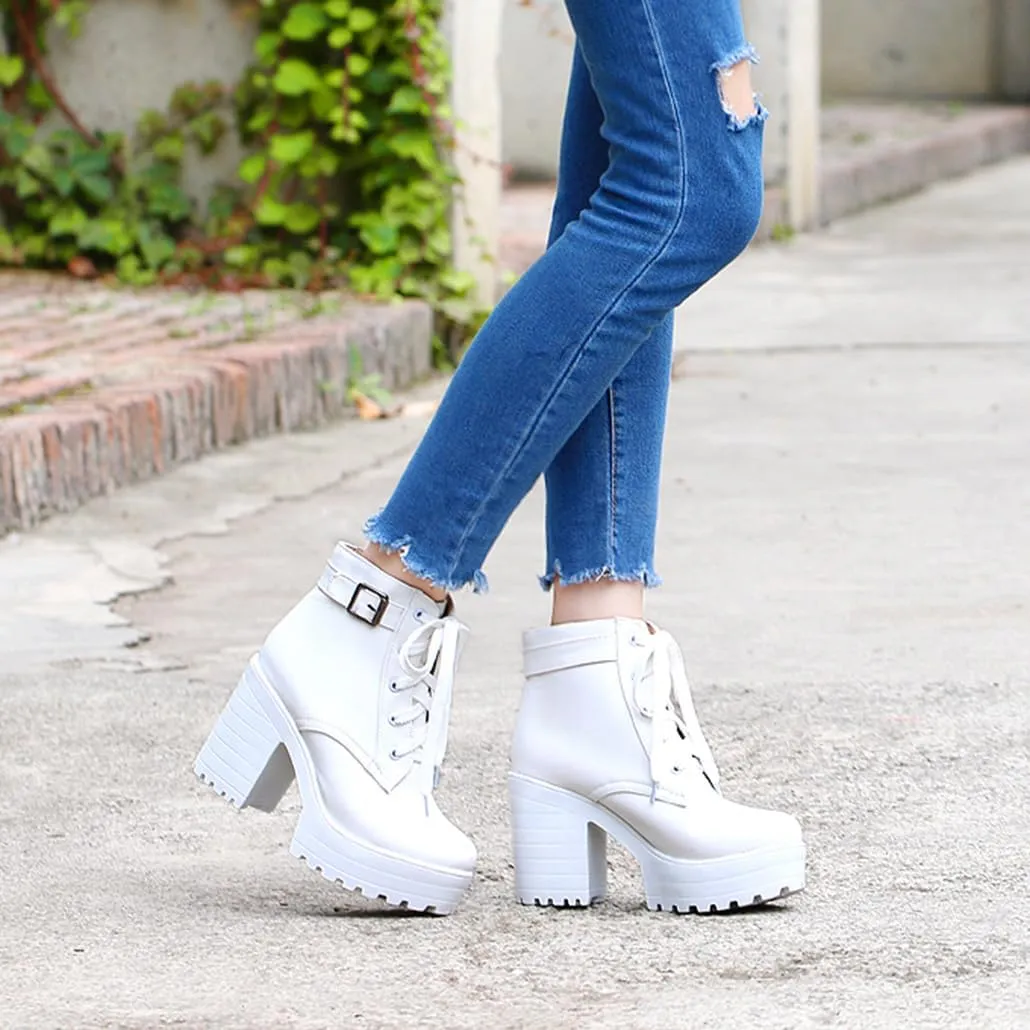 Women's Goth Platform Chunky Block High Heel Ankle Boots Lace Up Round Toe Buckle Punk Combat Motorcycle Boots