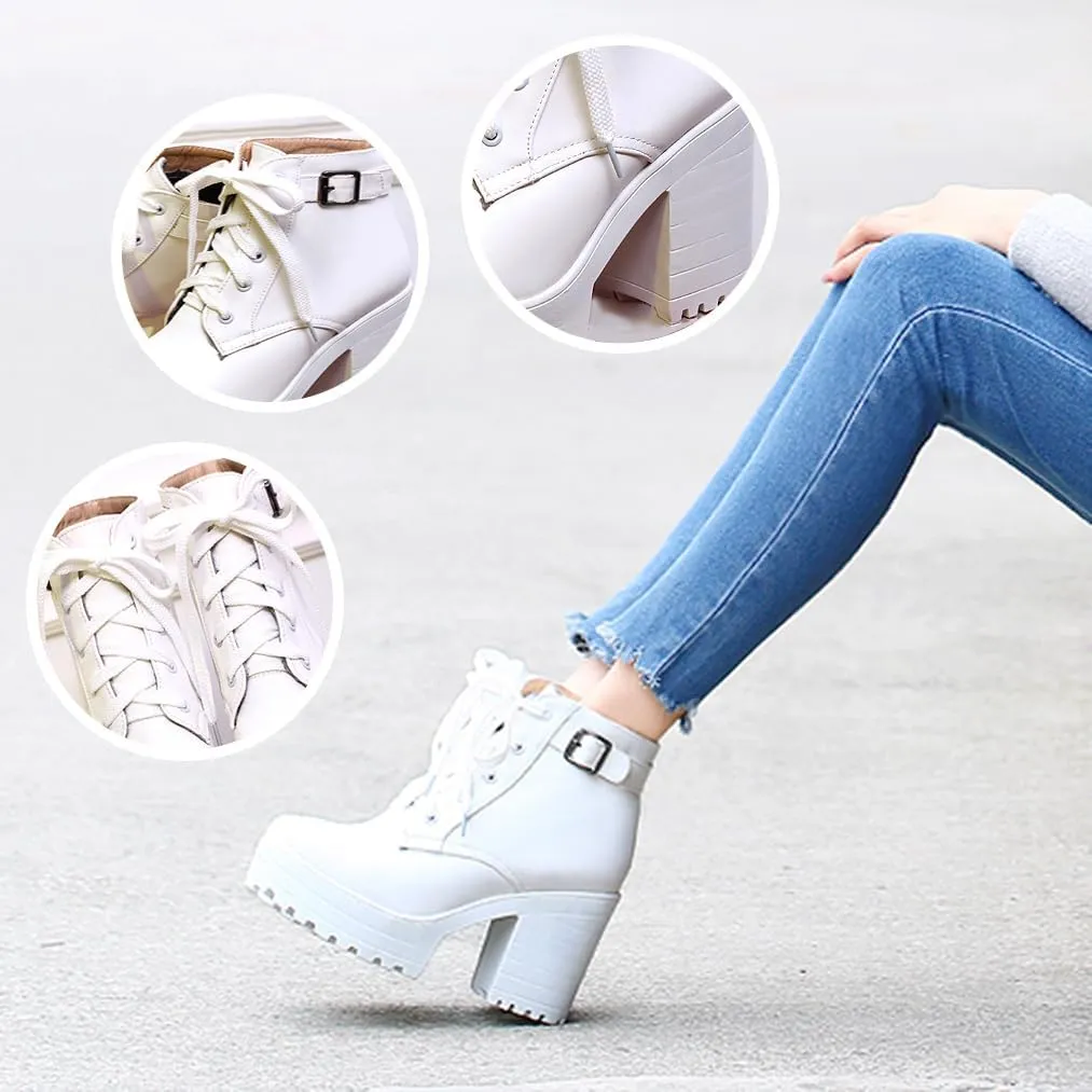 Women's Goth Platform Chunky Block High Heel Ankle Boots Lace Up Round Toe Buckle Punk Combat Motorcycle Boots
