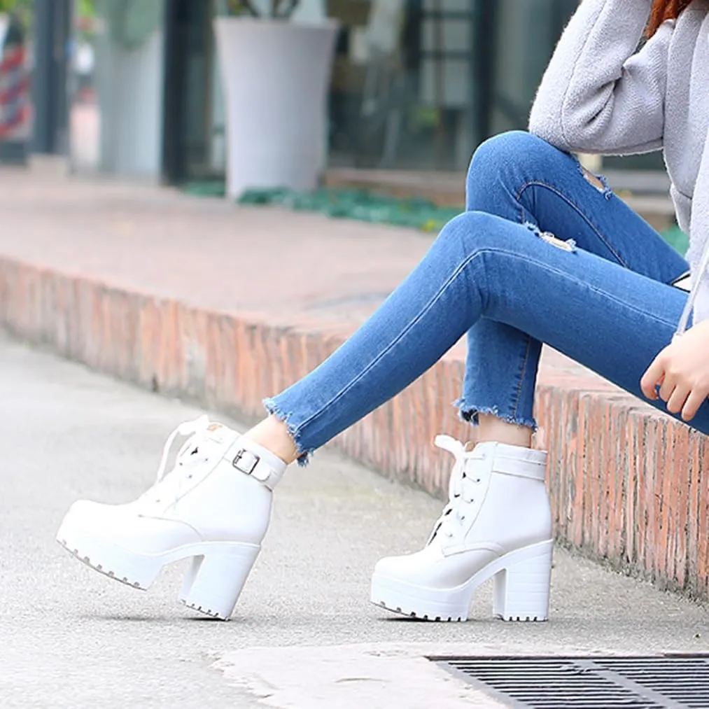 Women's Goth Platform Chunky Block High Heel Ankle Boots Lace Up Round Toe Buckle Punk Combat Motorcycle Boots